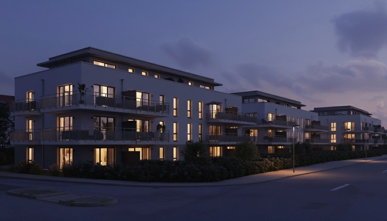 Stadtquartier Tiefes Feld in der Abenddämmerung – Visualisierung