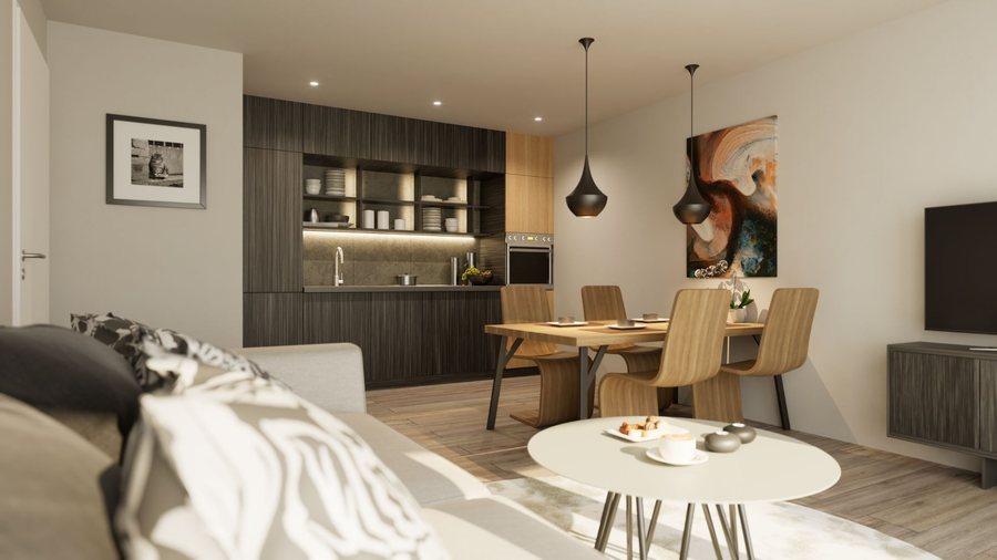 Wohnzimmer mit offener Küche – Visualisierung einer Wohnung im Stadtquartier Tiefes Feld
