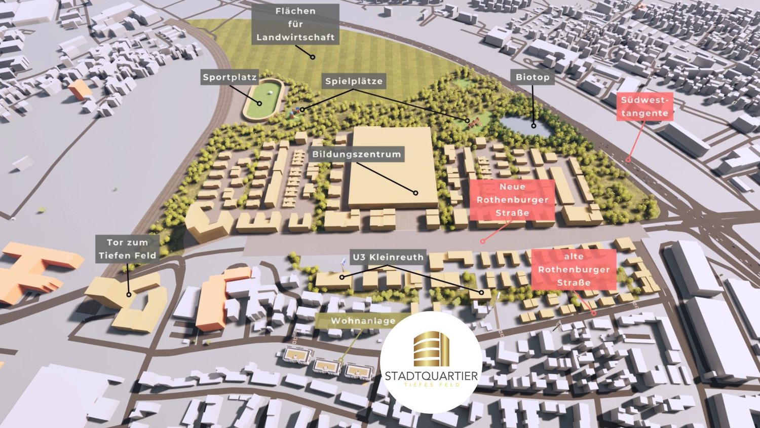 Übersichtskarte des Stadtquartiers Tiefes Feld mit Umgebung, Schulen, Einkauf und Verkehrsanbindung in Nürnberg-Kleinreuth