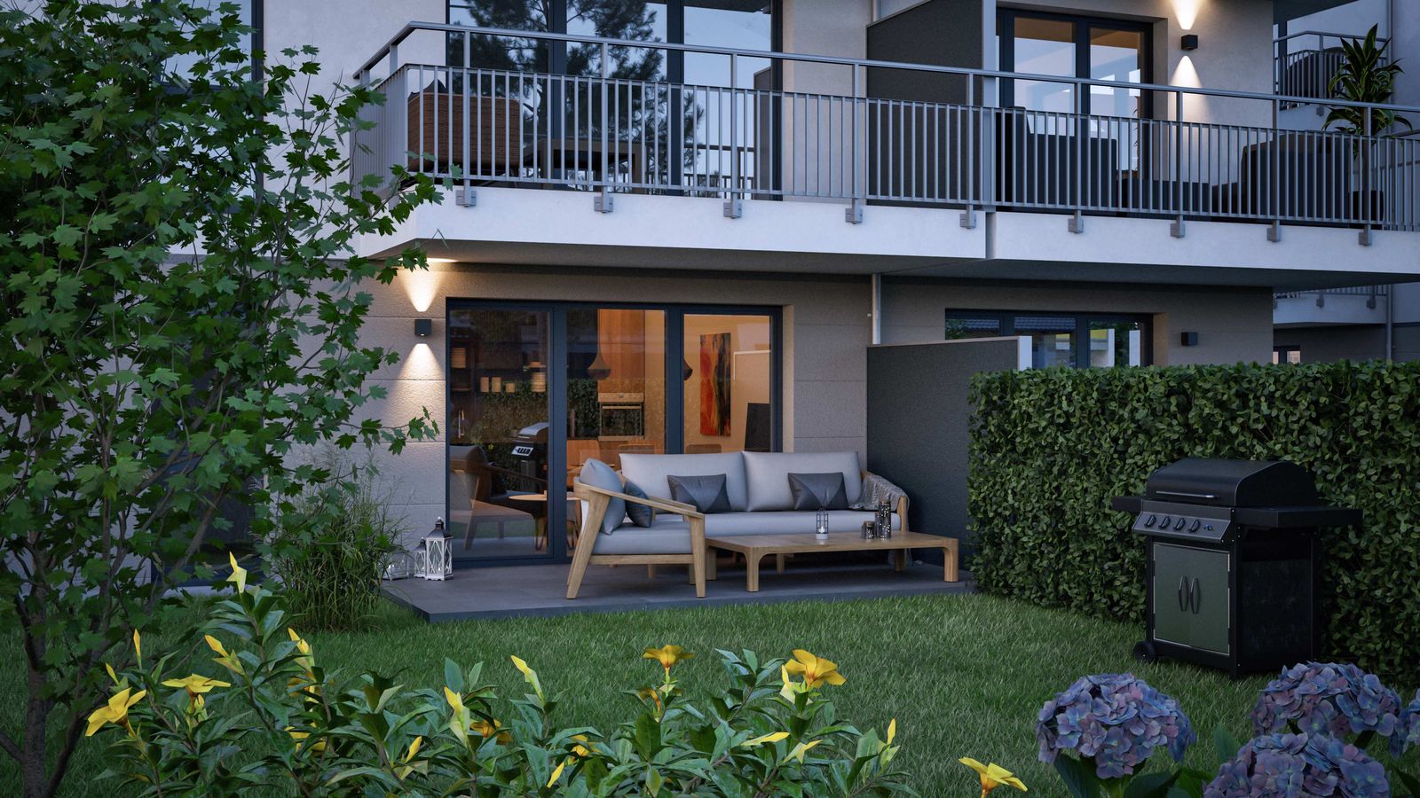 Gartenterrasse am Abend – Visualisierung im Stadtquartier Tiefes Feld