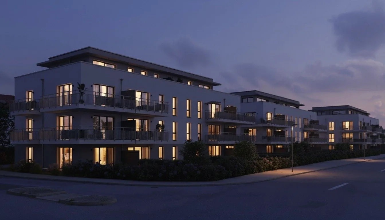 Stadtquartier Tiefes Feld in der Abenddämmerung – Visualisierung