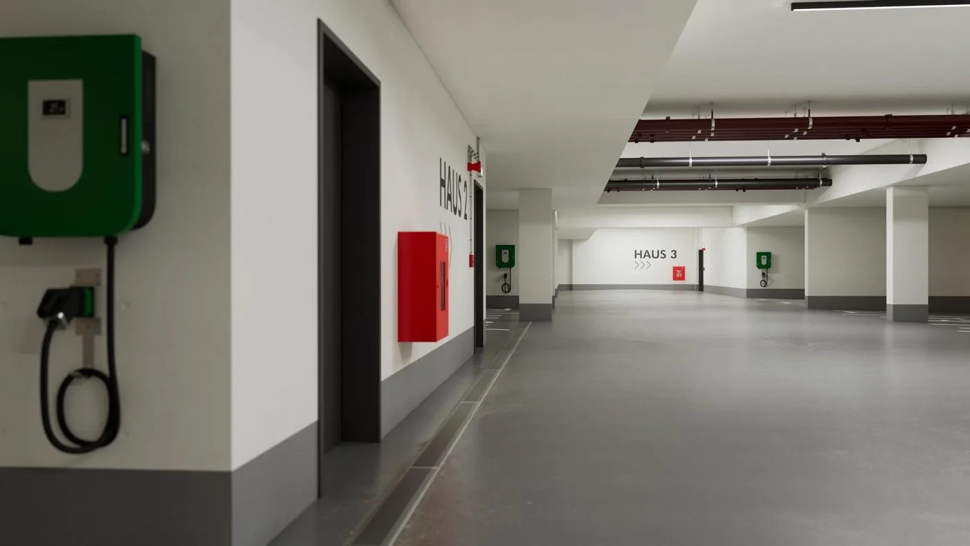 Tiefgarage mit E-Ladepunkten im Stadtquartier Tiefes Feld – Visualisierung