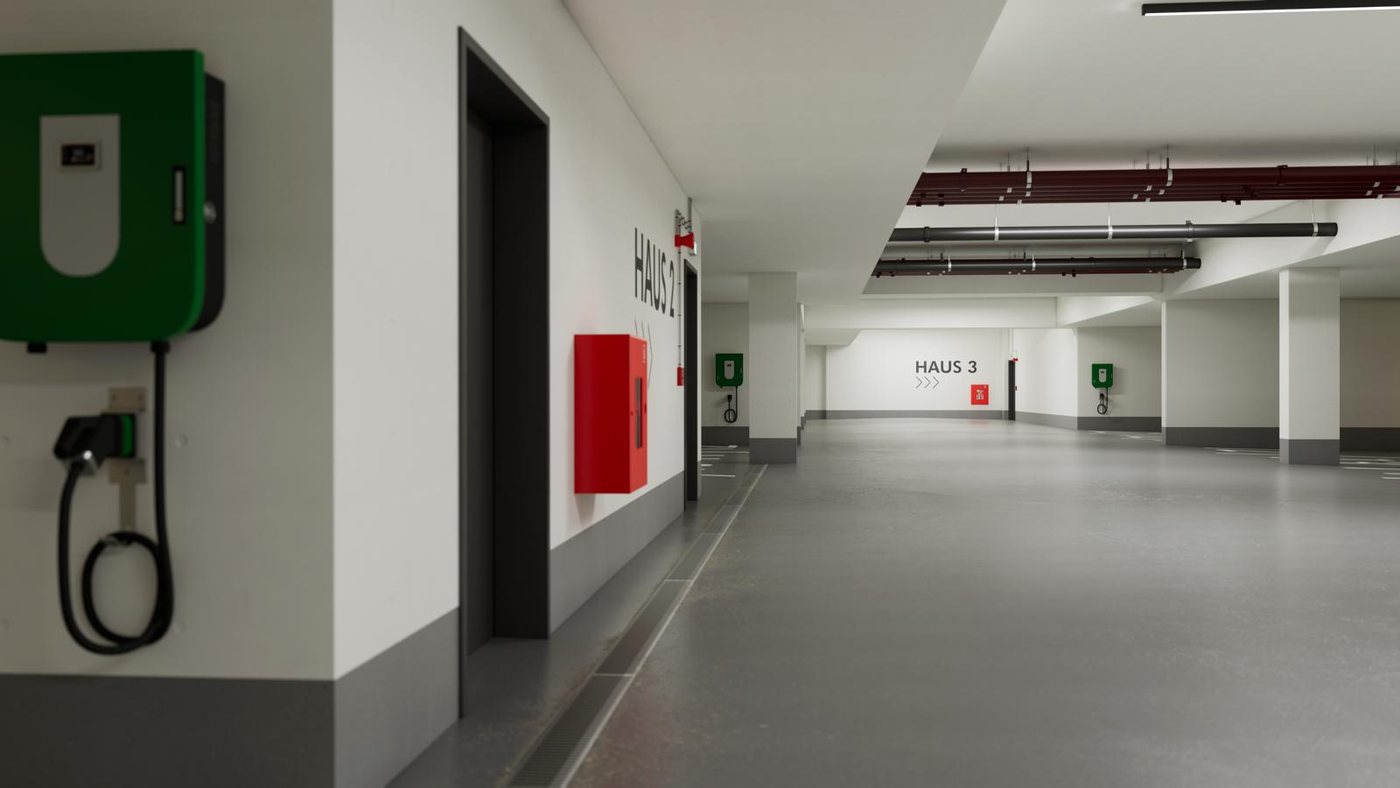 Tiefgarage mit E-Ladepunkten im Stadtquartier Tiefes Feld – Visualisierung
